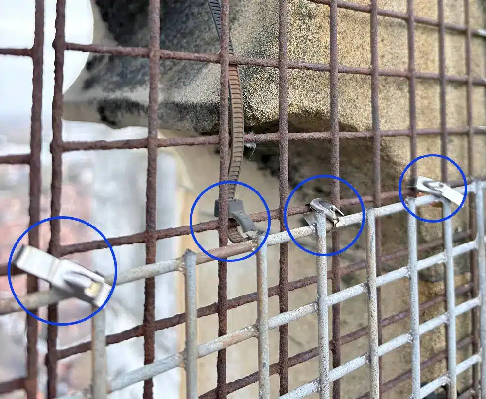 stainless steel cable ties vs nylon cable ties securing a safety mesh at York Minster