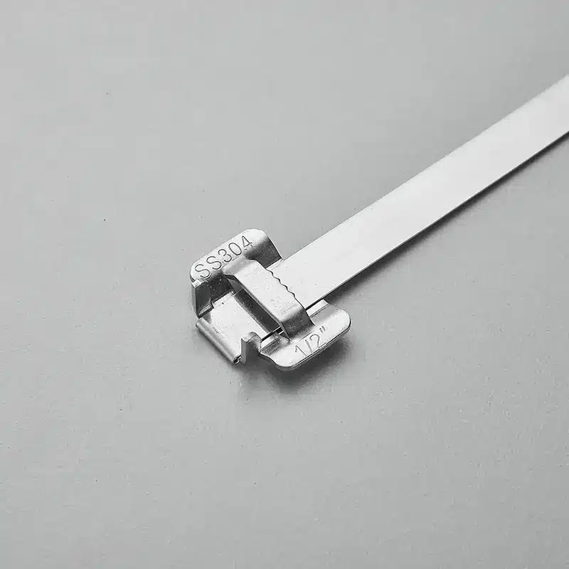 Ear-Lokt stainless steel cable tie with stainless steel banding and metal buckle
