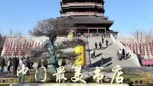 Cable ties in public crowd control: the entrance area of China’s “Most Beautiful Bookstore” (Zhongshuge, Zibo) with visitors and signage