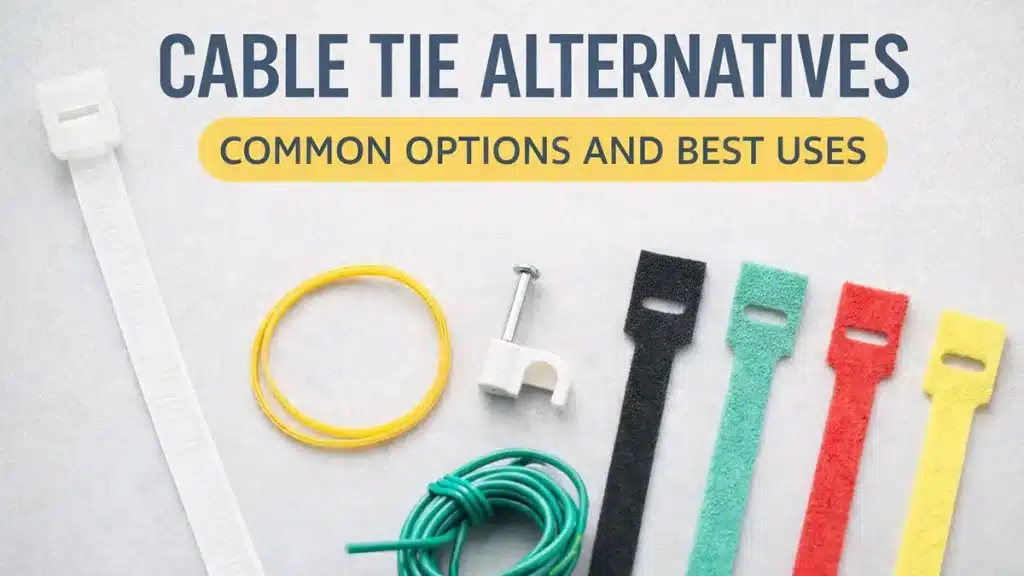 Cable tie alternatives cover image showing nylon cable tie, rubber band, cable clip, twist tie, and hook and loop straps