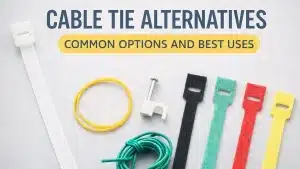 Cable tie alternatives cover image showing nylon cable tie, rubber band, cable clip, twist tie, and hook and loop straps