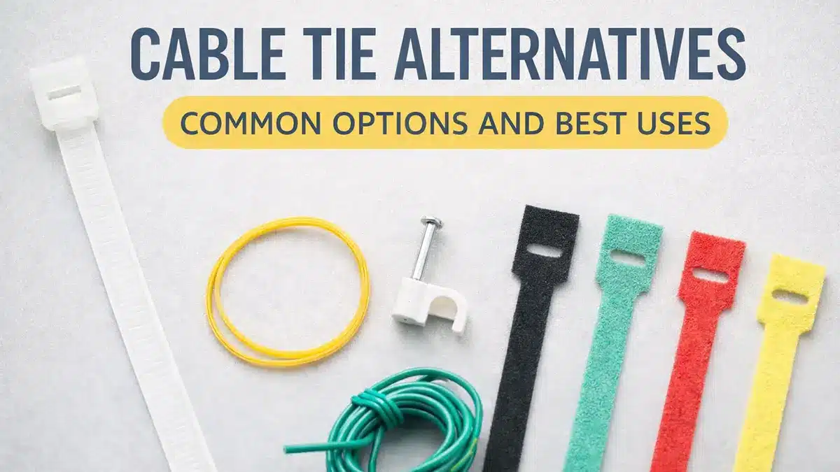 Cable tie alternatives cover image showing nylon cable tie, rubber band, cable clip, twist tie, and hook and loop straps