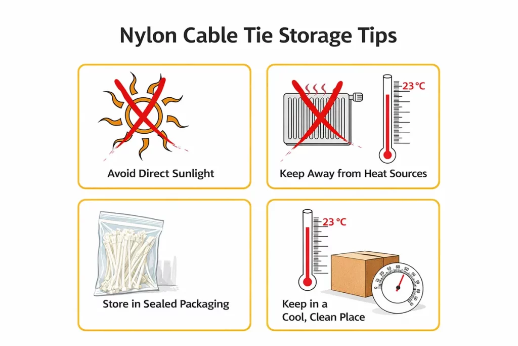 Nylon cable tie storage infographic showing sealed packaging, cool clean storage, no direct sunlight, and no heat sources