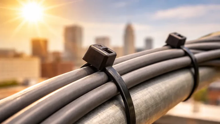 UV-resistant cable ties securing cables outdoors on a metal pipe in direct sunlight