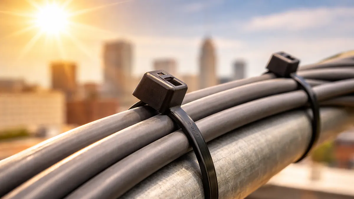 UV-resistant cable ties securing cables outdoors on a metal pipe in direct sunlight