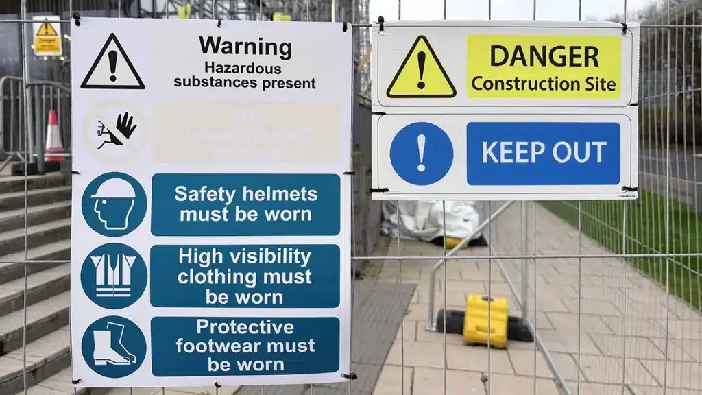 Cable ties securing safety signs and “Keep Out” notices on a wire mesh construction fence in Germany.