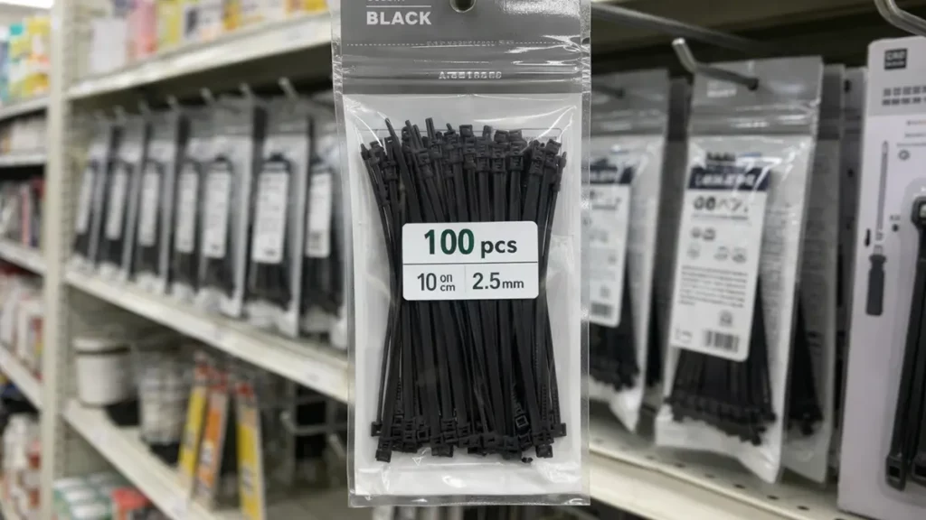 Black nylon cable ties in retail packaging displayed on a supermarket shelf