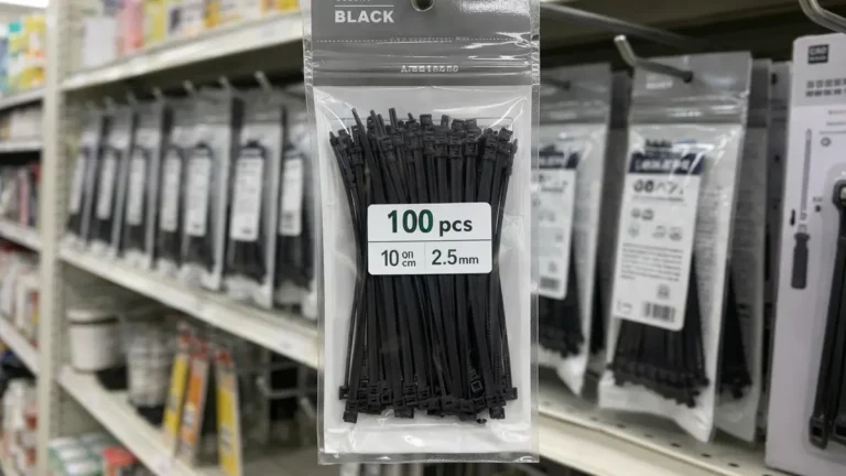 Black nylon cable ties in retail packaging displayed on a supermarket shelf