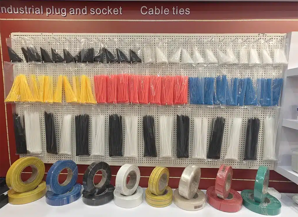 HUADA display wall of colorful cable ties and heat shrink tubing at the 139th Canton Fair
