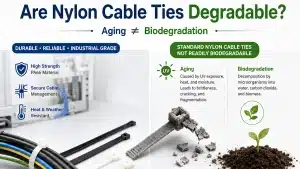 Nylon cable ties degradability infographic showing that PA66 cable ties age and break into pieces but are not readily biodegradable.