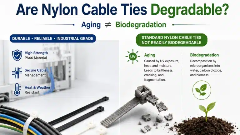 Nylon cable ties degradability infographic showing that PA66 cable ties age and break into pieces but are not readily biodegradable.