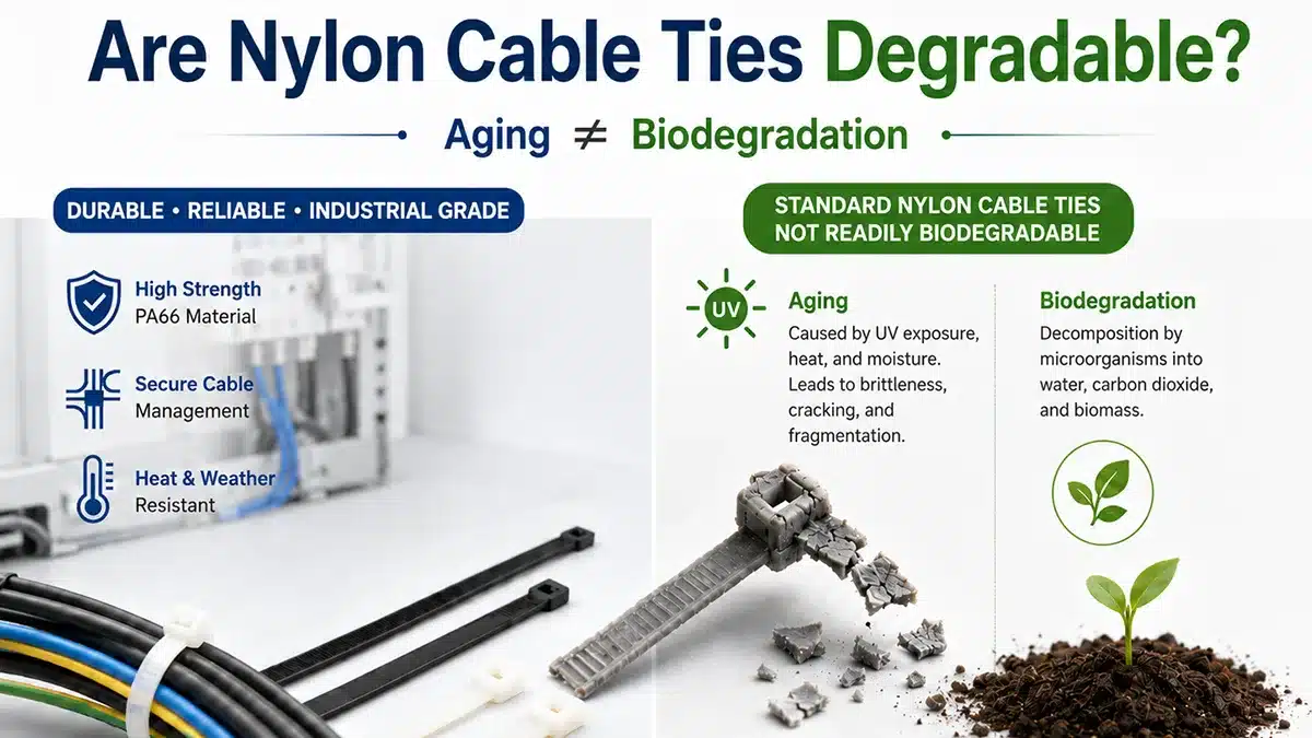 Nylon cable ties degradability infographic showing that PA66 cable ties age and break into pieces but are not readily biodegradable.