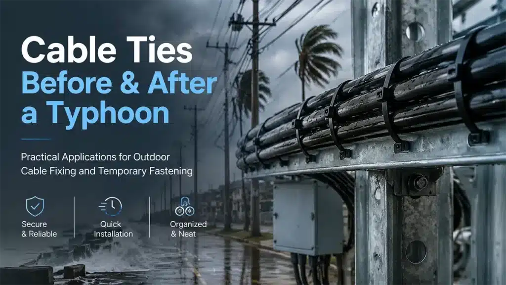 Nylon cable ties securing outdoor cables on a metal support structure during typhoon preparation and recovery