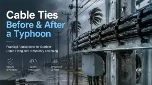 Nylon cable ties securing outdoor cables on a metal support structure during typhoon preparation and recovery