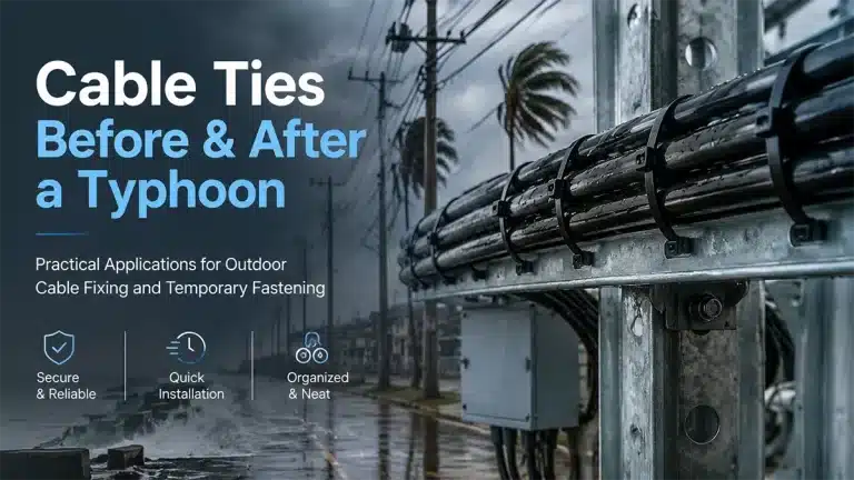 Nylon cable ties securing outdoor cables on a metal support structure during typhoon preparation and recovery