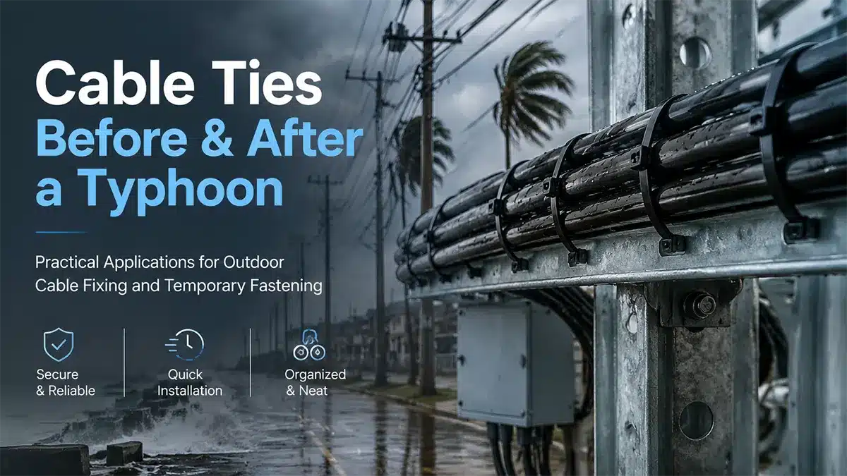 Nylon cable ties securing outdoor cables on a metal support structure during typhoon preparation and recovery
