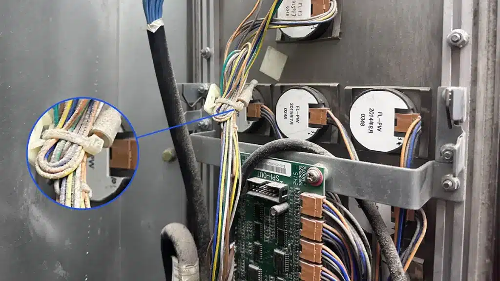 Cable ties grouping thin signal wires behind an elevator button panel