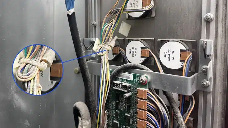 Cable ties grouping thin signal wires behind an elevator button panel