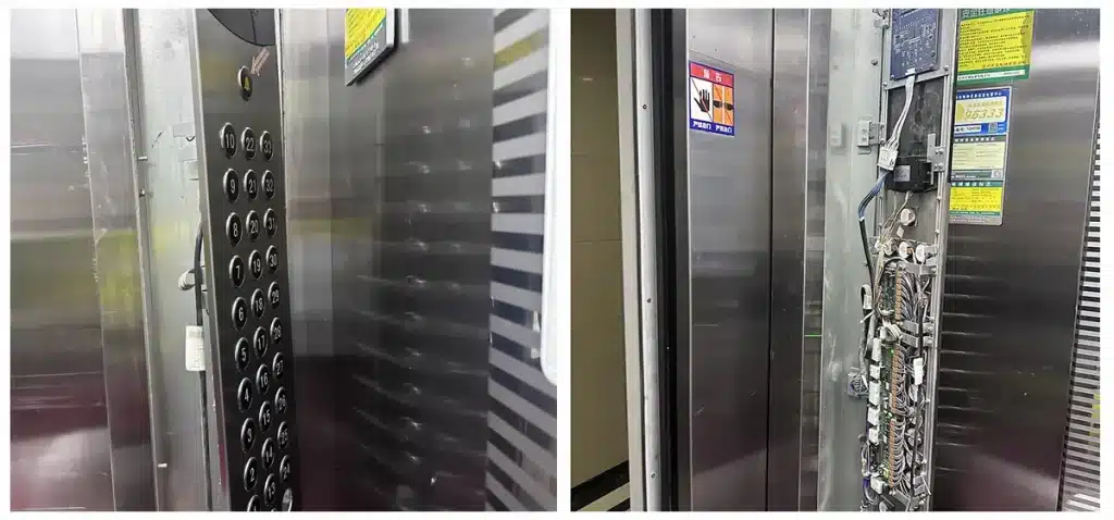 Open elevator button panel showing internal wiring organized with cable ties