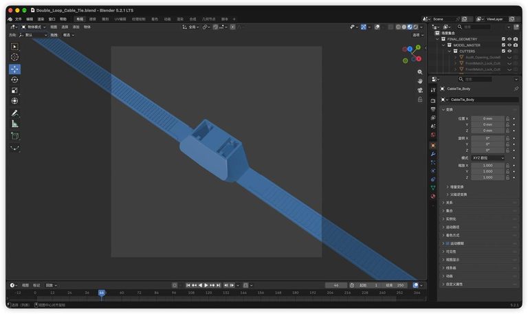 Custom cable tie 3D model being developed in Blender