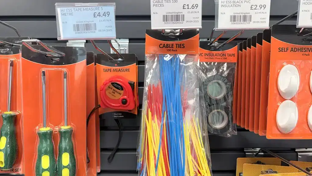 Assorted 100-pack cable ties priced at £1.69 on a UK retail shelf